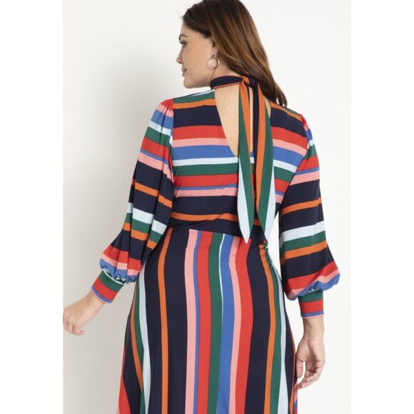 ELOQUII A-Line Puff Sleeve Dress Midi Rainbow Stripe size 24 NWTs - Picture 2 of 8